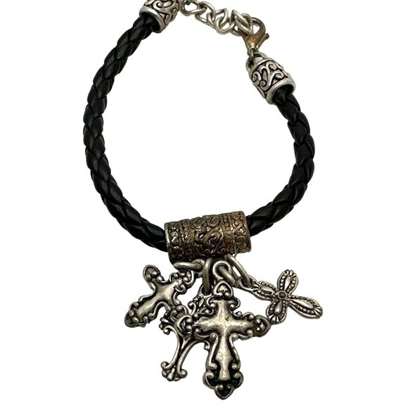 Romantic Goth Ornate Cross Bracelet Braided Leather Cord Edgy Religious Charm - Picture 1 of 8